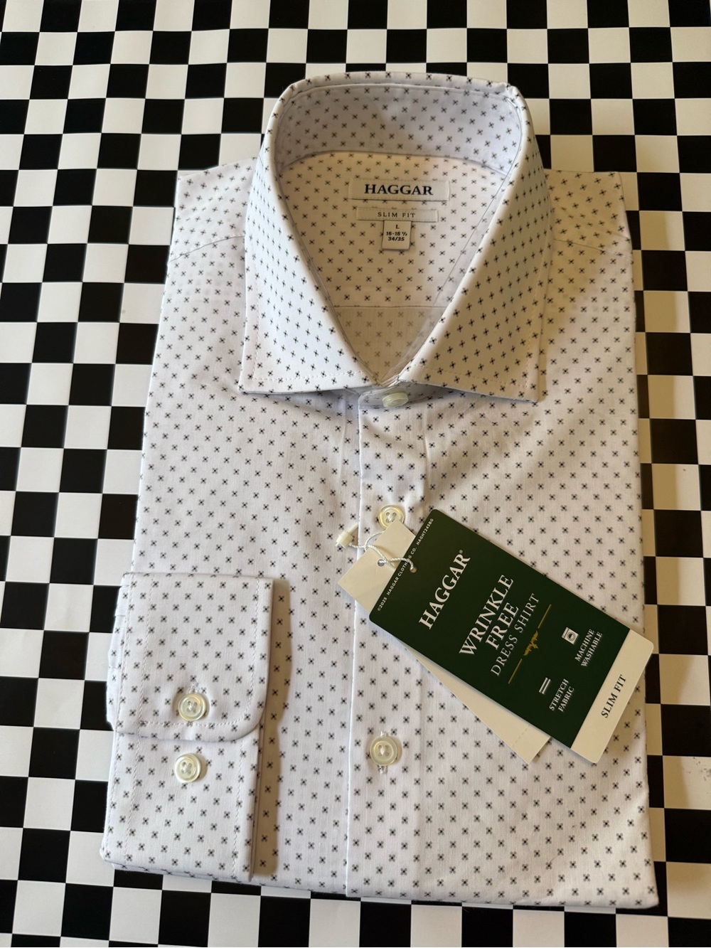 Haggar White Dress Shirt with Small Black Cross Print